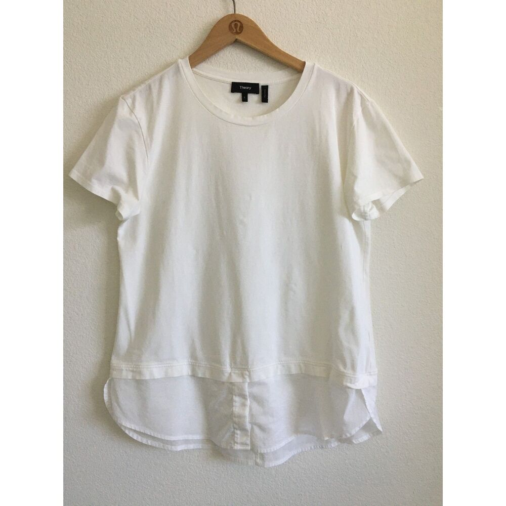 Theory Woven Combo Tee White Pima Cotton Layered Hem Top Size L